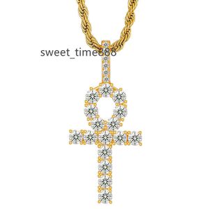 925 Sterling Silver Iced Out Moissanite Chain Rope 18K Gold Polated Ankh Cross Pendant Charm Necklace