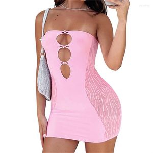 Casual Dresses Puloru 2023 Sexy Off Shoulder Bandeau Dress Women Sleeveless Mesh Spliced Cutout Strapless Mini Club Bar Streetwear