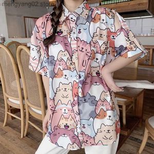 Camisas de blusas femininas mingliusili kawaii button up camisa moda 2021 Blusa de impressão de gato de verão Mulheres de manga curta