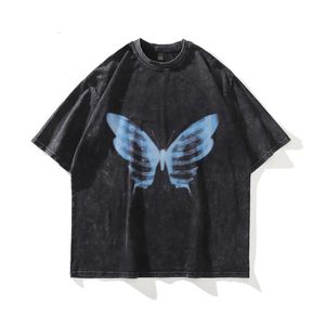 Herren T-Shirts Gothic T-Shirts Herren Blau Schmetterlingsskelett Gedruckt Gewaschene Baumwolle Tops Vintage Kurzarm Übergroße Hiphop Streetwear T-Shirts 230506