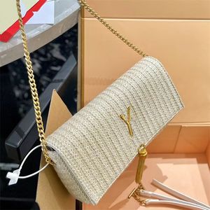 2023 Woman Straw Beach Bags designer bag crossbody tote bag fashion lady baguettes chain flaps Small Khaki Gold Letters 5A Quality 2 Straps