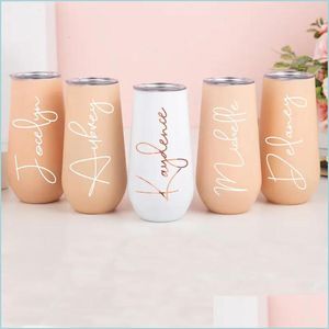 Mugs 6oz Champagne Tumbler Insated Stemless Flutes Bridesmaid Tumblers med lock rostfritt stål Vin gåva Drop Delivery Home Garden Dhngc