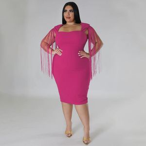 T-Shirt Plus Size Long Tassel Slim Party Dress Short Sleeve Bodycon Elegant Knee Length Vestidos Night Club Birthday Banquet Robes 2023