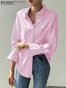 Women's Blouses Shirts ZANZEA Women Striped Loose Blouse 2023 Office Turn-down Collar Long Sleeve Vintage Top Button-up Shirt Oversized Blusa Femininas T230508