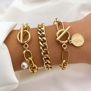 Chain Kisswife Golden Cuban Link Bracelets na mão Exagerada Pulseira de pendente de moedas para mulheres Jóias de moda 230508