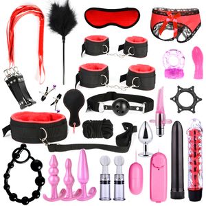 Bondage BDSM Sexy Leather Kits Adults Sex Toy Set for Women Men Handcuffs Nipple Clamps Whip Spanking Sex Metal Anal Plug Vibrator Butt 230508