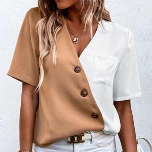 Damen Blusen Mode Sommer 2023 Elegant Kurzarm Chiffon Hemd Lässig V-Ausschnitt Damen Bluse Kontrastfarbe Lose Dame Tops
