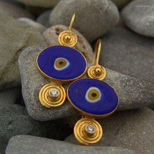 Dingle örhängen zigenare runt marinblå emalj för kvinnor turkiska smycken guldfärg metall spiral krok