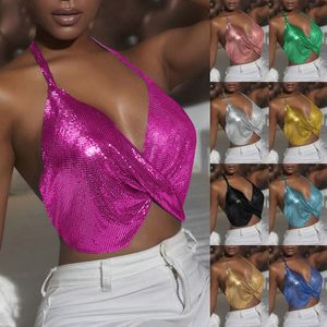 Camisoles Tanks Y2K Metal Sequins Sexig Cross Backless Clubwear Tank Tops för kvinnor Hollow Out Halter Crop Top Festival Evening Party Corset Vest 230508