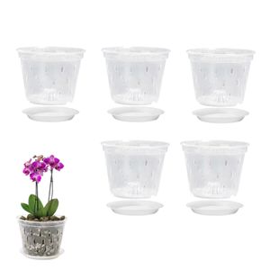 Planters Pots 5pcs Transparent Orchid Pot with Holes Saucers Root Control Clear Meshpot Pot for Orchid ABS Root Breathable Growth Container 230508