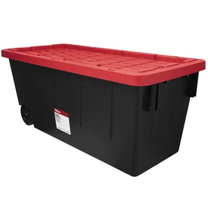 Recipiente de armazenamento de plástico com rodas de 50 galões hiper resistente, preto com tampa vermelha
