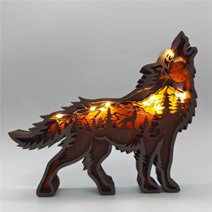 Dekorative Objekte Figuren Heimdekoration aus Holz ausgehöhlter kleiner Wolf Elch und Braunbär Statue Figuren niedliche LED-Licht-Desktop-Ornamente 230508