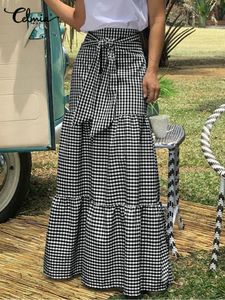 Skirts Women Long Maxi Skirts Celmia Autumn Vintage High-Waist Female Faldas Casual Plaid Check Loose Printed Belted Pleated Skirt 230508
