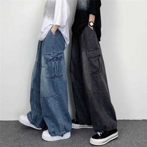 Mäns jeans populära män denim byxor botten baggy last jeans fast färg avslappnad passform mitt midja denim byxor streetwear z0508