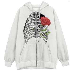 Kadın Ceketleri Kadın Gotik Sternum Gül Baskı Hoodie Drawstring Zip Cep Uzun Kollu Ceket Gevşek Genç Kızlar Ceket