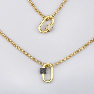 Anhänger Halsketten FLOLA Geometrische Kleine Oval Schloss Halskette Für Frauen Kristall Vergoldet Kette Schraubverschluss Karabiner Punk Schmuck Nker62