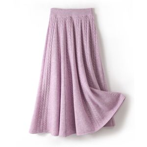 Skirts BELIARST 100% Merino Wool Ladies High Waist Knitted Umbrella Autumn Winter Fashion Twist Long Pleated Skirt 230508