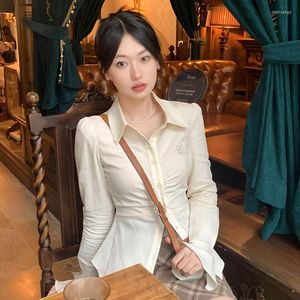 Blusas femininas houzhou vintage manga longa camisas finas mulheres coreanas estéticas estéticas plissadas de primavera azul casual top elegante harajuku