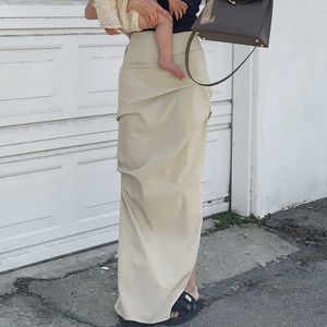 Юбки Женская узкая юбка Y2K Элегантная однотонная плиссированная простая уличная мода Хаки с разрезом Женская тонкая длинная юбка P230508