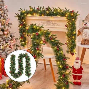 Decorative Flowers 6-Foot Christmas Rattan Garland With 30 LED Lights Artificial Green Wreath Red Berry Tree Ornament