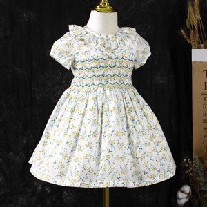 Kids girls handmade floral smocked dresses summer 2023 toddler girl flower smock dress for party wedding baby elegant outfit G1218