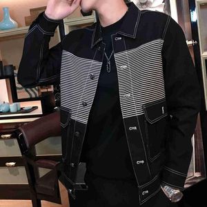 Men's Jackets Spring Social Fashion Contrast Striped Open Line Denim Jacket Hip Hop Club Outfit Bomber Men Black