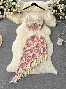 Kobiety w kąpieli swizyjnej Singreiny Knit Bikini pasujący Set Set Summer Women Back Back Back Camisole Elastyczna talia Tassel Spódnica French French Vacation Beach Suit Y23