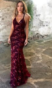 Sexy Red Evening Dresses Mermaid Formal Prom Party Gown V-Neck Spaghetti Floor-Length Sweep Train Applique Sequins Lace long Backless Custom