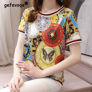 Kvinnors T -skjortor Högkvalitativ vintage Print Patchwork Luxury Design Korean Fashion Shirt Women 2023 Summer Casual Short Sleeve Loose Top