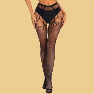 Women Socks Sexy Stockings Transparent With Belt Fishnet Tights Erotic Lingerie Nylon Pantyhose Open Crotch Lace 6089