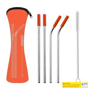 6pcsset Yeniden kullanılabilir paslanmaz çelik düz bükülmüş içme pipetleri Sıcak soğuk bükülmüş içme pipetleri için silikon uçları ile silikon uçlu silikon uçları için