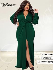 Sukienki w dużych rozmiarach impreza wielkości WMSTAR dla kobiet V Szyjka Długie rękawie Hem Bodycon Elegancka elegancka sukienka Maxi Hurtowa kropla 230506