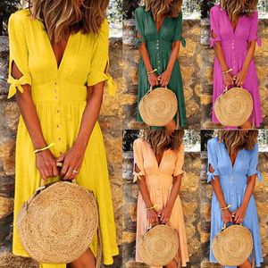 Casual Dresses 2023 Fashionable Women's Dress Solid Color Sexy V-Neck Button A-Line Skirt Short Sleeve Oversized Patchwork
