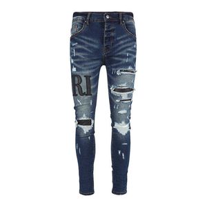 Men's Jeans Street Fashion Men Jeans Dark Blue Elastic Ripped Jeans Men Stretch Skinny Trousers Brand Patch Designer Hip Hop Pants Hombre Z0508