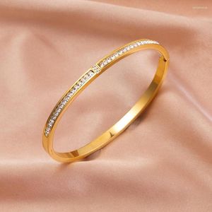 Bangle 2023 Luxury rostfritt stål glans zirkonarmband för kvinnor guldfärg smycken födelsedagsfest gåva bijoux femme