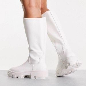 Boots Chunky Heels White Women Fashion Knee High 2023 Winter Thick Bottom Punk Female Round Toe Ladies Shoes