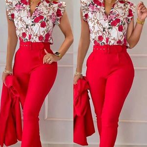 Womens Designer Clothing Tracksuit Workplace 2-piece Outfits 2023 New Fashion Printed Ruffle Sleeve Top Solid Pants Set With Belt