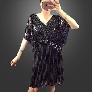 Dresses Fashion Streetwear Summer Autumn Heavy Industry Bling Gorgeous Nail Beads Sequined Bat Sleeve Sexy Vneck Female Dress