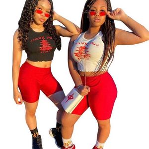 Damen Brief bedruckter Trainingsanzug Bodycon Zweiteiler Crop Top Bike Shorts Lässige Sportbekleidung Kontrastfarbe T-Shirt Hose Set Yoga Outfits