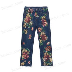 Herrenjeans High Street handbemalte Blumenjeans Herren Gerade übergroße Retro Lässige Jeanshose Lose gewaschene, zerrissene Jeanshose T230508