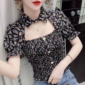 Camisas masculinas Herstory Women Cut Out Print Slim Kawaii Sweet Blouse Wrinkle Moda de manga curta Elegante 2023 Summer Sexy Floral Top