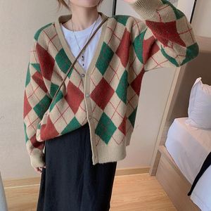 Kadın Düğmeleri Tees Boyun Renk Bloğu Argyle Sweater Hardigan Tek Göğüslü Kadınlar Güz Siyah Beyaz Vintage Dış Giyim Üstleri Kawaii Outwearwo