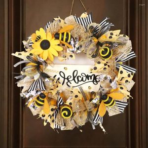 Dekorativa blommor Bee Festival Artificial Sunflower Wreath för ytterdörren Gul Summer Floral Welcome Sign Wall Home Decor