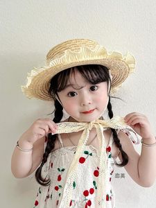 Hats Childen Summer Sun Hat Simple Beige Lace Ribbon Flat Top Straw Beach Outing Panama Pastoral Style Korean Girl Protection