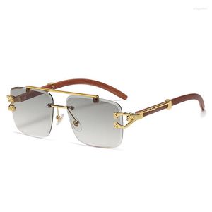 Sunglasses Punk Wood Printing Rimless Square Women Designer Gold Lion Decoration Smoke Sun Glasses Men