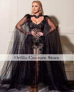 Sharon Said Luxury Dubai Evening Dresses 2023 Black Party Dress with Cape Appliques Women Prom Occasion Gowns