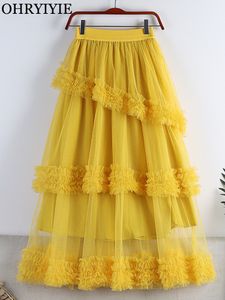 Skirts OHRYIYIE Sweet Cake Tulle Skirt Women Elegant Midi Long High Waist A Line Skirt Female Winter Yellow Green Party Skirt Lady 230508