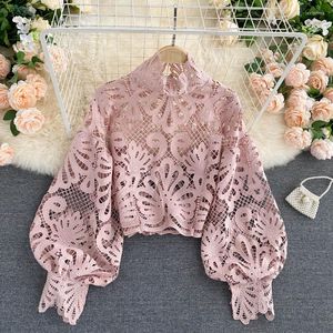 Frauen Blusen 2023 Y2k Frauen Sexy Casual Spitze Stehkragen Kurze Bluse Laterne Langarm Shirts Weiblich Elegant Aushöhlen Rosa Lose