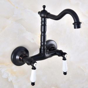 Kitchen Faucets Black Oil Rubbed Brass Basin Faucet Double Handle Dual Hole Wall Mount Bathroom Sink Cold And Mixer Tap Dnf836