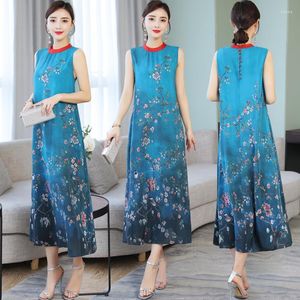 Casual Dresses 2023 Women's Plus Size Floral Print Dress Feminine Summer Vintage Sleeveless Imitate Real Silk Long Maxi Vestidos